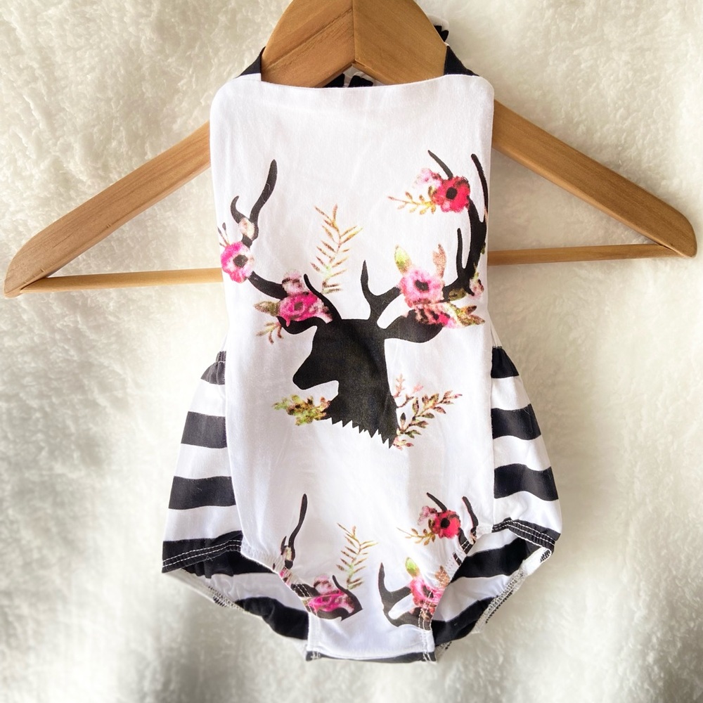 Beautiful backless White and Black Floral Christmas Deer sunsuit / Jumpsuit